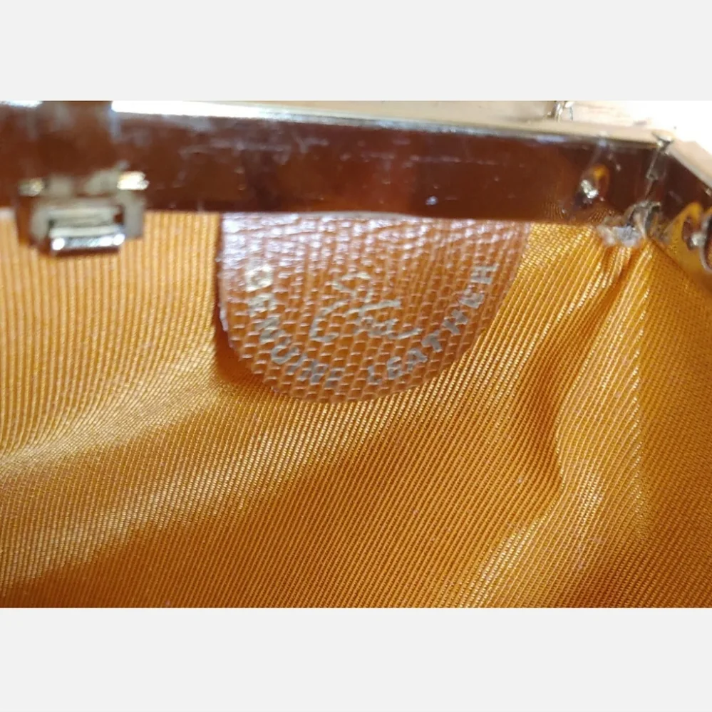 Vtg 60s Etra Lizard Leather Brown Clutch Purse Flat Shoulder Bag Gold Chain